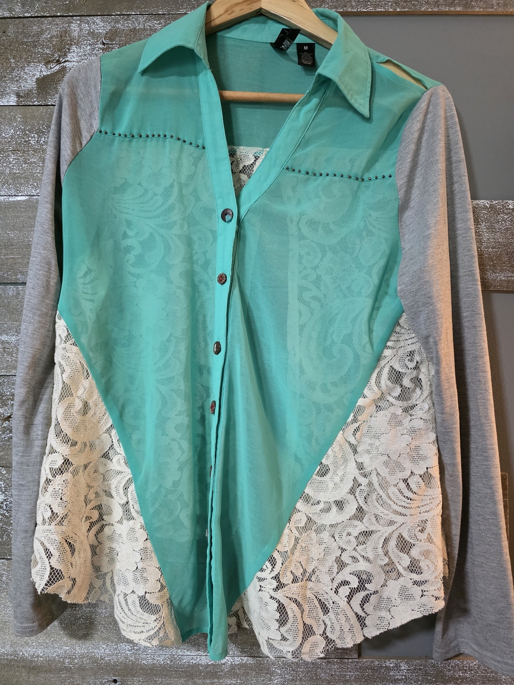BKE Turquoise & White Lace Mixed-Media Button-Up Top
